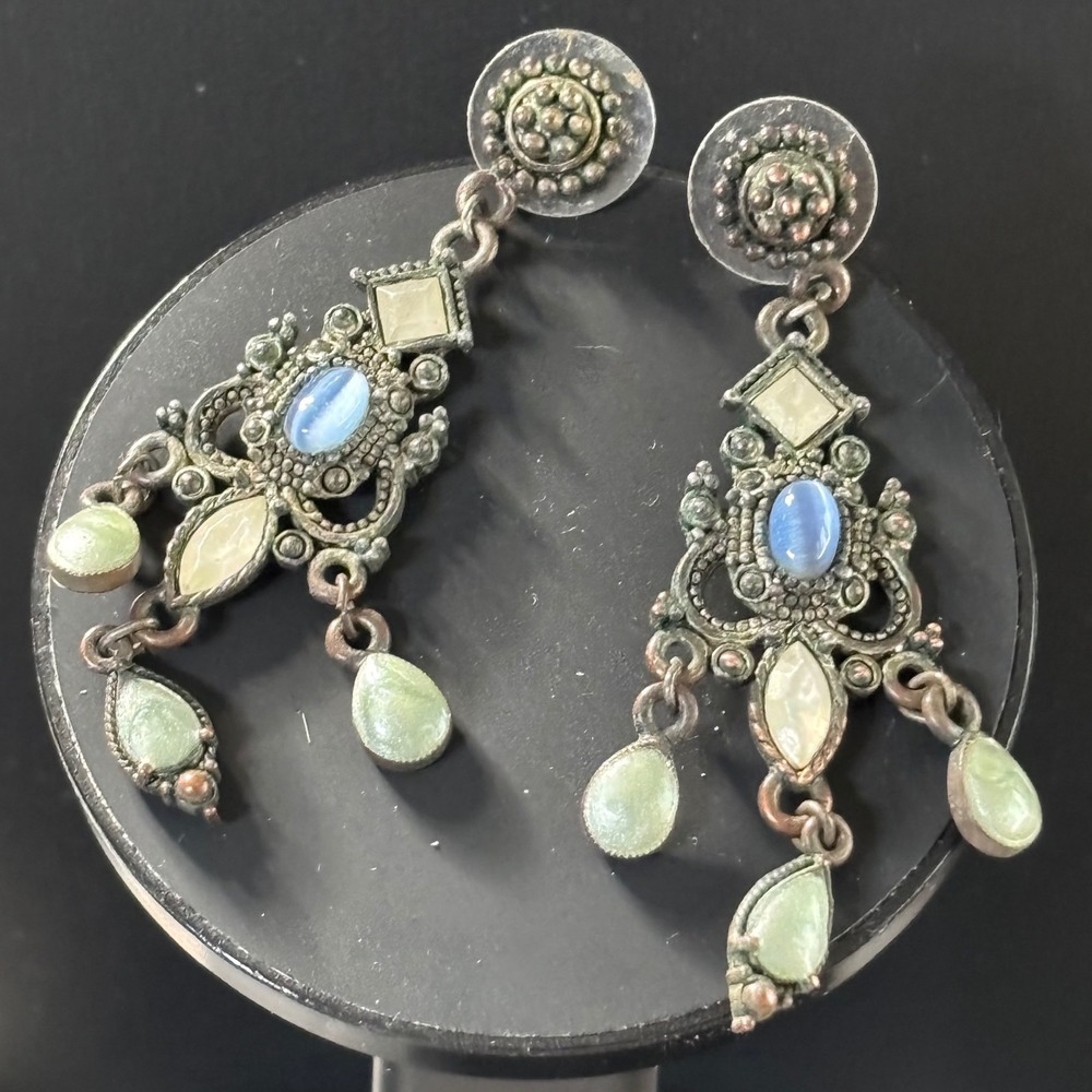 Chandelier Drop Earrings Blue Green Antiqued‎ Silver Tone Victorian Style Post